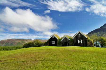 Icelandic traditional farmhouses in Holar villageの写真素材