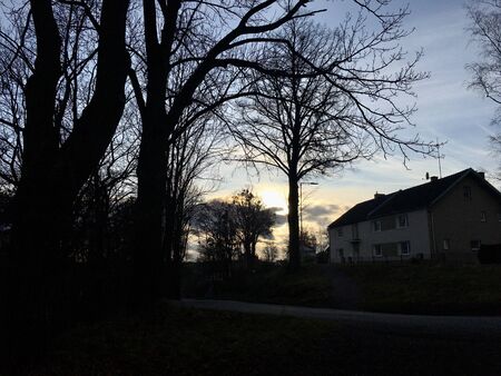 End of forest road at sunset, beginning of village with one house.の写真素材