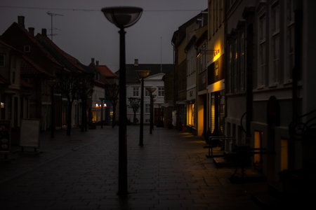 Beautiful windows in night and shutters on the facade of a historic house in Denmark.