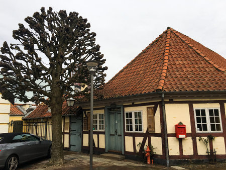 Wonderful well-kept historic buildings in Odense. Brick and wooden facades. 2020. Denmark.