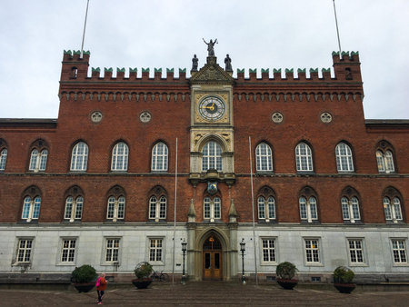 Wonderful well-kept historic buildings in Odense. Brick and wooden facades. 2020. Denmark.