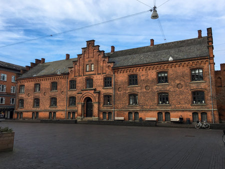 Wonderful well-kept historic buildings in Odense. Brick and wooden facades. 2020. Denmark.