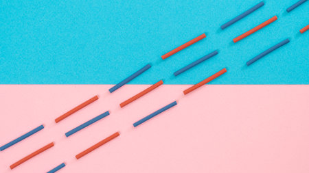 Multicolored wires diagonally on a two-tone backgroundの写真素材