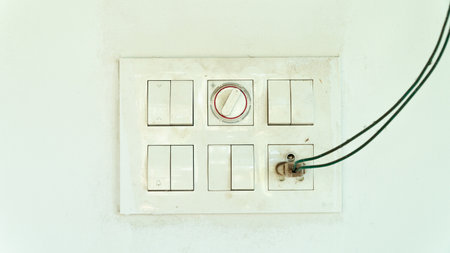 Dust shield with sockets and switches on the street on a white wall, electricの写真素材
