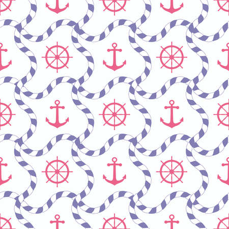Seamless nautical pattern with anchors and steering wheels. Sea concept backdrop.のイラスト素材