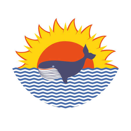 Whale and sunrise sign. Abstract nautical landscape.のイラスト素材