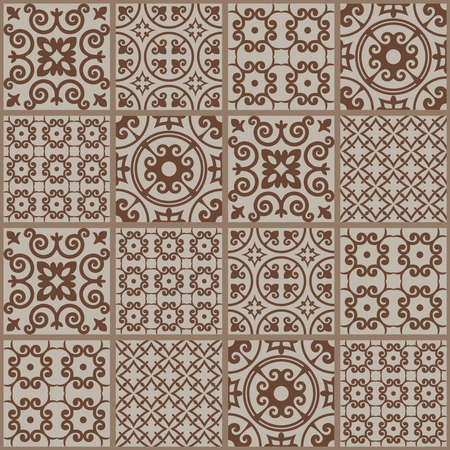 Seamless patchwork tile in brown and beige. Floral texture for wallpaper, floor surface, pattern fills. Vintage Illustration backgroundのイラスト素材