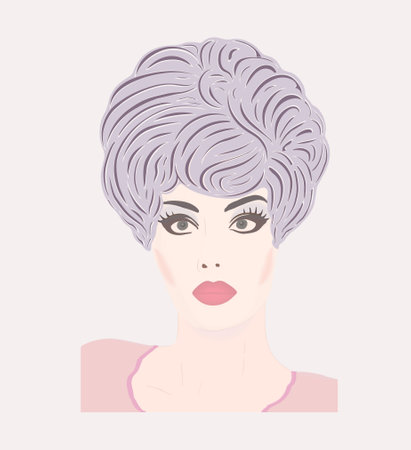 Vector illustration of a beautiful sensitive woman with short hair. Retro style girl face with full lips and long eyelashes. Logo sketch for beauty salons, hairdressers.のイラスト素材