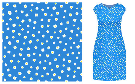 Seamless vector fashion pattern. Women long dress mockup with white cute flowers on blue background. Floral hand drawn texture for clothes, interior design with flower print.のイラスト素材