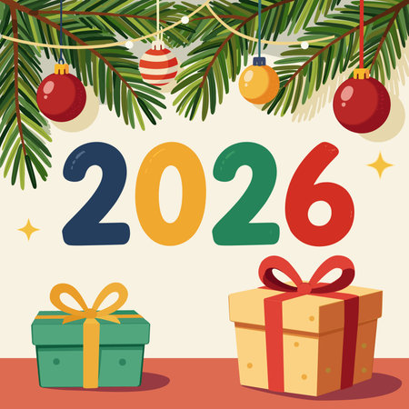 Happy New Year 2026. Greeting card with christmas tree and gift boxes. Vector illustration.のイラスト素材