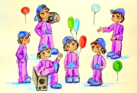 children's picture boys in different situationsの写真素材