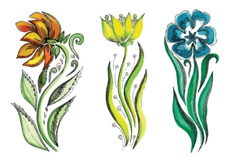 watercolor beautiful flowers with leavesのイラスト素材