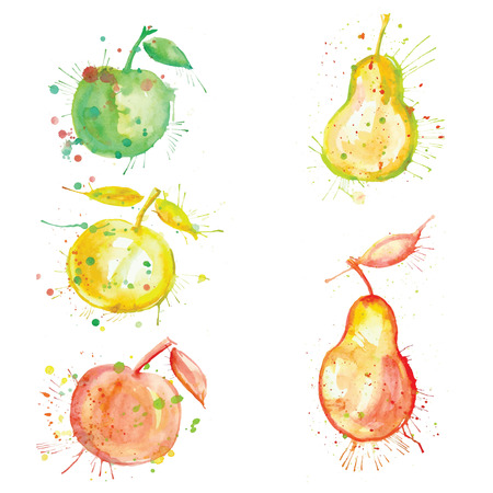 watercolor set of fruit apple and pearのイラスト素材