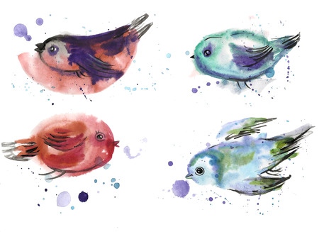 Childrens drawing. Birds painted in watercolor.の写真素材