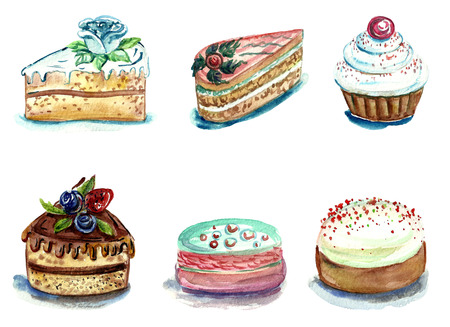 Set of watercolor cakes and pastries of different kindsの写真素材