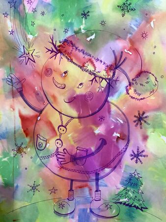 Cheerful snowman on a watercolor background. Children's illustration.Illustration for postcards or books.の写真素材
