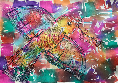 Bird drawn with colored pencils. Childrens drawing.の写真素材