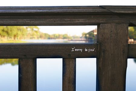 sorry message on a wooden fenceの写真素材