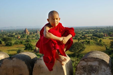 young buddhist monk on temple backgroundの写真素材