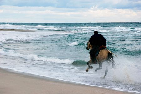horse rider on storm sea backgroundの写真素材
