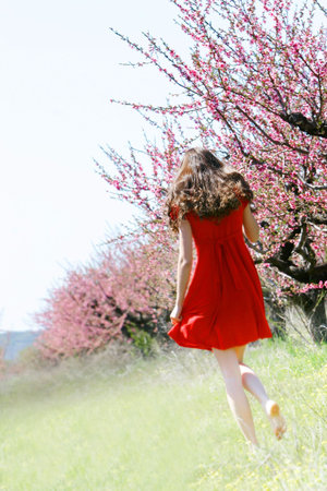 young girl in spring gardenの写真素材