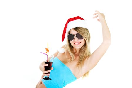 happy santa girl with glass of juice over whiteの写真素材