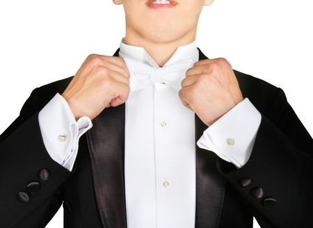 man wearing tuxedo torso only isolated on whiteの写真素材