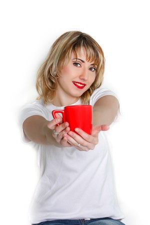 attractive girl giving red cup over whiteの写真素材