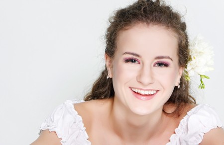 studio shot of happy young girlの写真素材