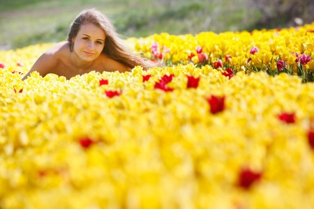 young beautiful girl in yellow tulipsの写真素材