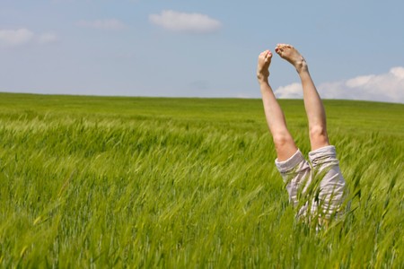 female legs raised up from green grassの写真素材