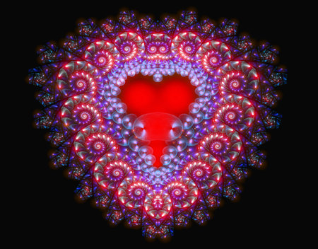 Red heart framed prints and glitter, radiates love melts the ice around. Fractal art graphicsの写真素材