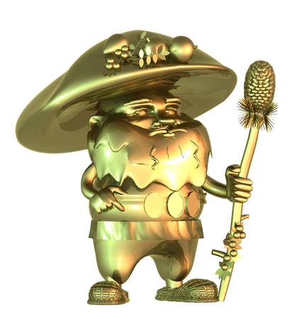 Golden fairy gnome mushroom-shaped with a stick and knob. Isolated on white. 3D illustration.の写真素材
