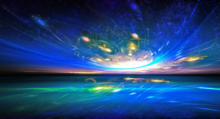 Mysterious alien sunset view in the mysterious world inhabited. Fractal art graphics.の写真素材