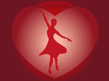 Dancing ballerina in a big red heart in the form of a silhouette on the bright basis. のイラスト素材