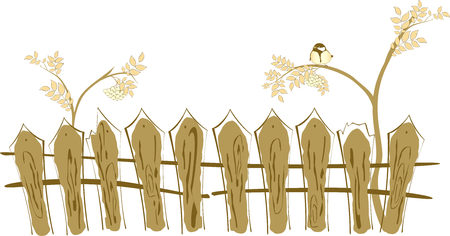 Border in the form of a fence, rowan and tit. のイラスト素材