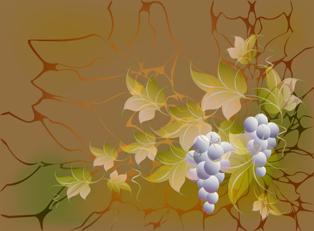 Decorative bunches of grapes and leaves on autumn background in yellow and orange shades. EPS10 vector illustration.のイラスト素材