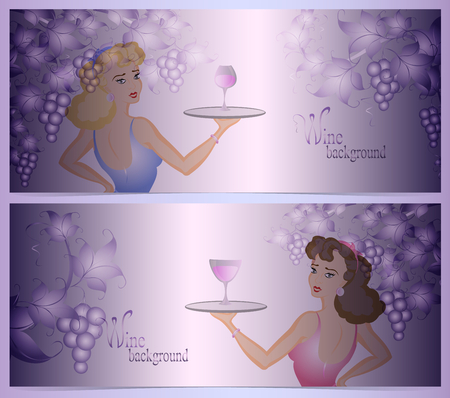 Vignette with grapevine, berries and a waitress on a purple background. EPS10 vector illustrationのイラスト素材