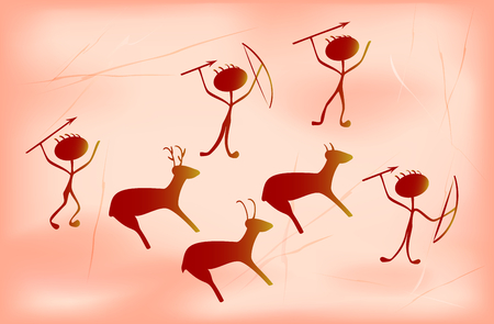 Stylization for prehistoric primitive painting depicting fortunate ancient hunters and animals. EPS10 vector illustration.のイラスト素材