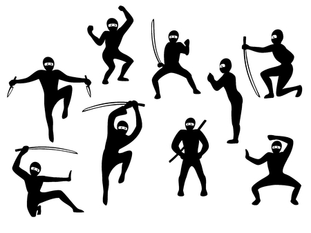 Set of samurai black and white siluet images in action. EPS10 vector illustrationのイラスト素材