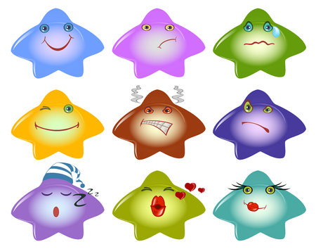 Set of funny smileys in the form stars on white background. Emotions and mood vector illustrationのイラスト素材