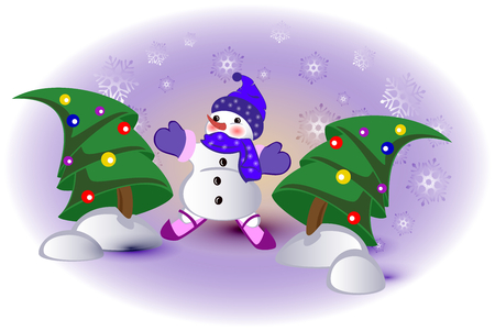 Funny snowman between the Christmas trees. EPS10 vector illustrationのイラスト素材