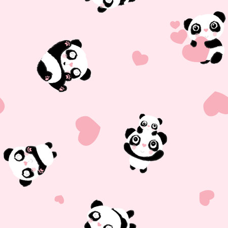 Seamless pattern Panda and heart vector illustration design greeting card for valentine's day, background with hearts for Kidsのイラスト素材