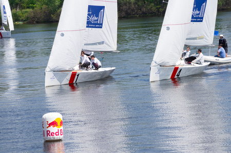 Kyiv, Ukraine - May 9, 2016: Hetman Cup 2016 (ISAF Grade 2) - International Regatta, held on the Dnieper River in Kyiv, Ukraine. This is the first International sailing competition, hosted in Ukraine.のeditorial素材