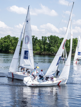 Kyiv, Ukraine - May 9, 2016: Hetman Cup 2016 (ISAF Grade 2) - International Regatta, held on the Dnieper River in Kyiv, Ukraine. This is the first International sailing competition, hosted in Ukraine.のeditorial素材