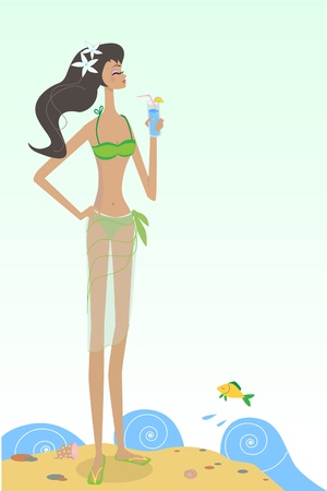 Illustration of girl with drink on a beachのイラスト素材