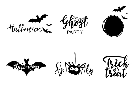 Halloween vector lettering set. Holiday calligraphy with bats for banner, poster, greeting card, party invitation. Black and white illustration.のイラスト素材