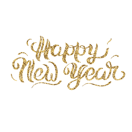 Happy New Year greeting card lettering with golden ornaments on white background.のイラスト素材