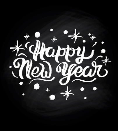 Vector illustration of New Year lettering. Hand sketched for poster or celebration design. Black chalkboard.のイラスト素材