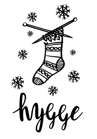 Hygge is a Danish living concept. Vector template with hand drawn illustrations cozy knitted Christmas sock. Sketch style and lettering.のイラスト素材